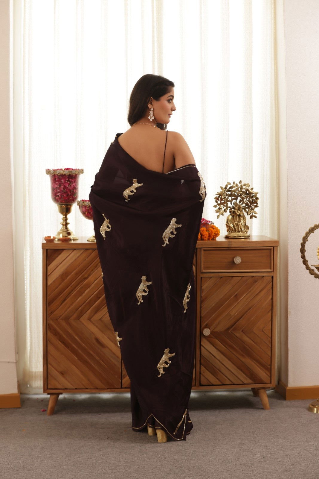 Leopard Hand Embroidered Upada Silk Saree