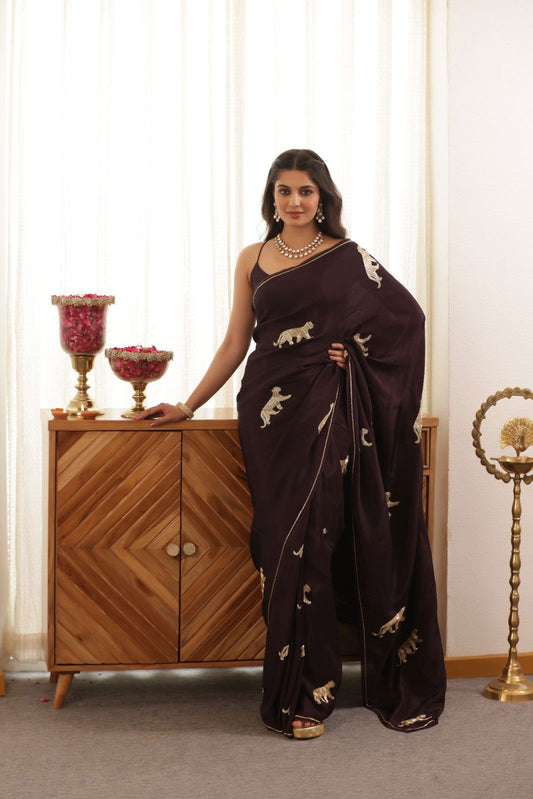 Leopard Hand Embroidered Upada Silk Saree