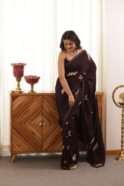 Leopard Hand Embroidered Upada Silk Saree