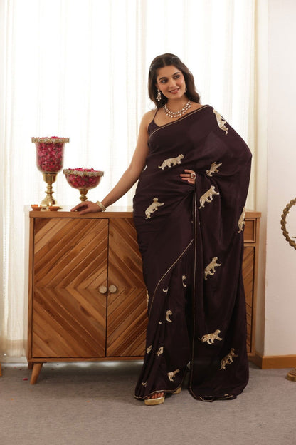 Leopard Hand Embroidered Upada Silk Saree