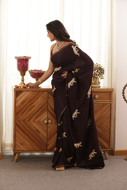 Leopard Hand Embroidered Upada Silk Saree