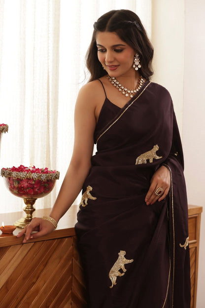 Leopard Hand Embroidered Upada Silk Saree