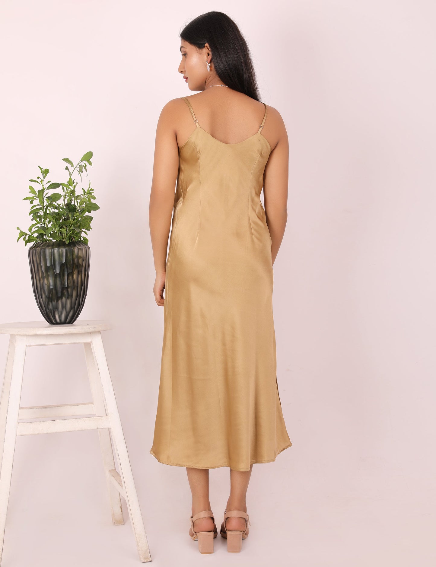 Golden Cowl Neck Satin Dress