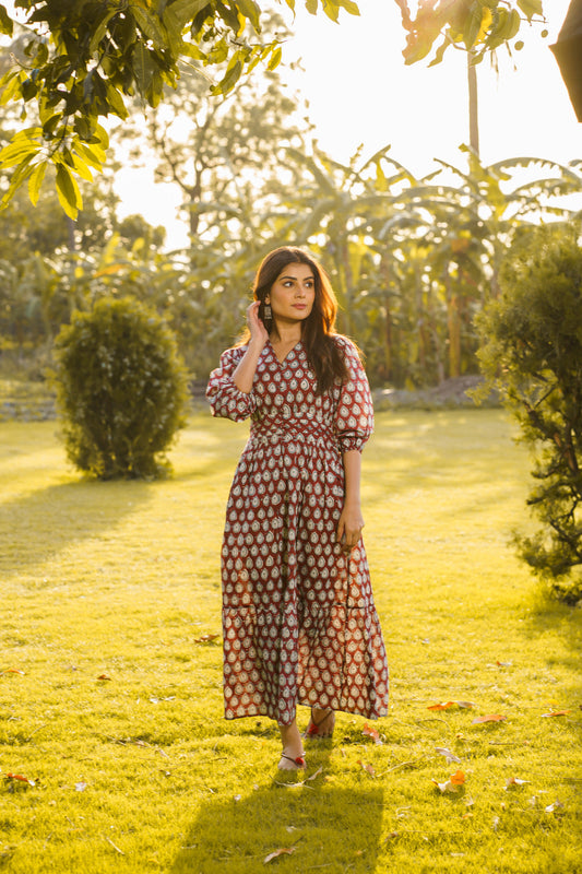 Gulbahar Maroon Cotton Hand Block Print Maxi Dress
