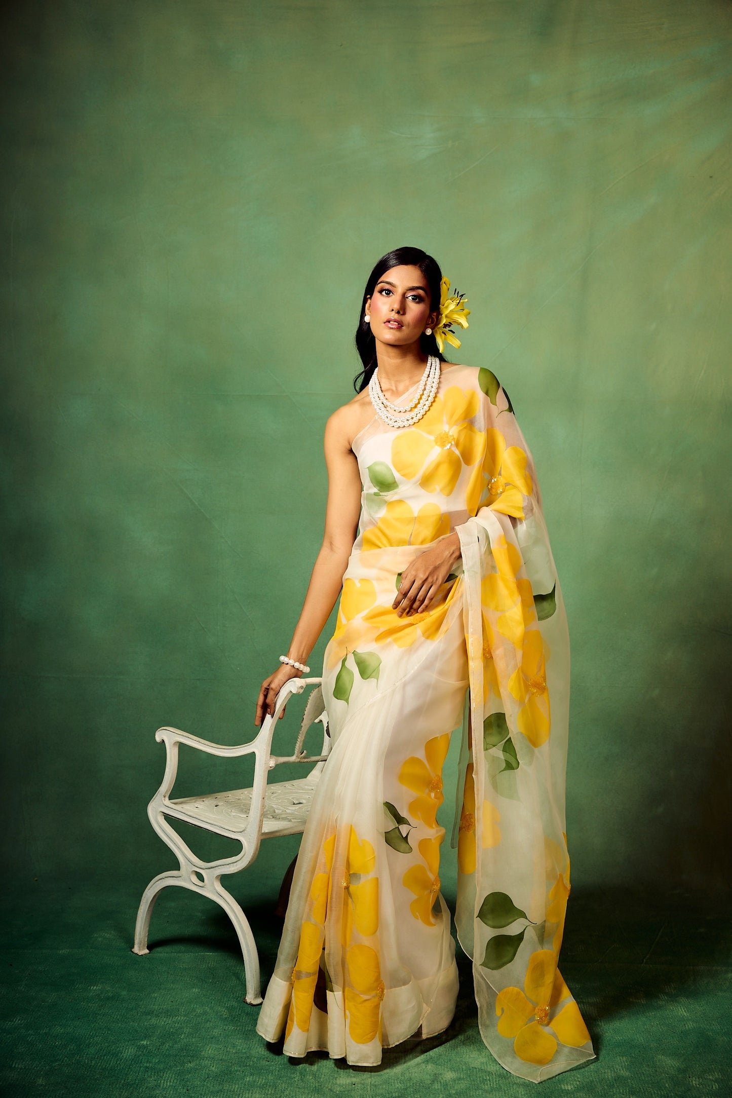 Flora Sequins Saree in White & Yellow