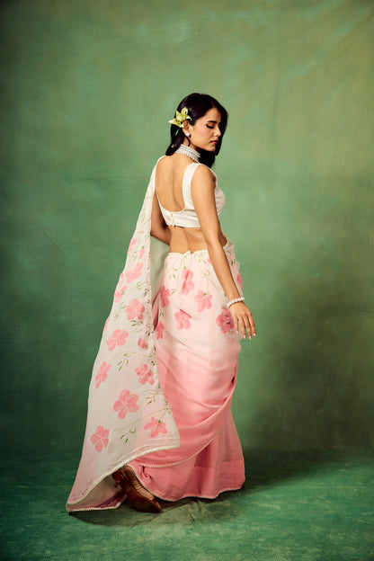 Pink Ombre Hand-painted Saree