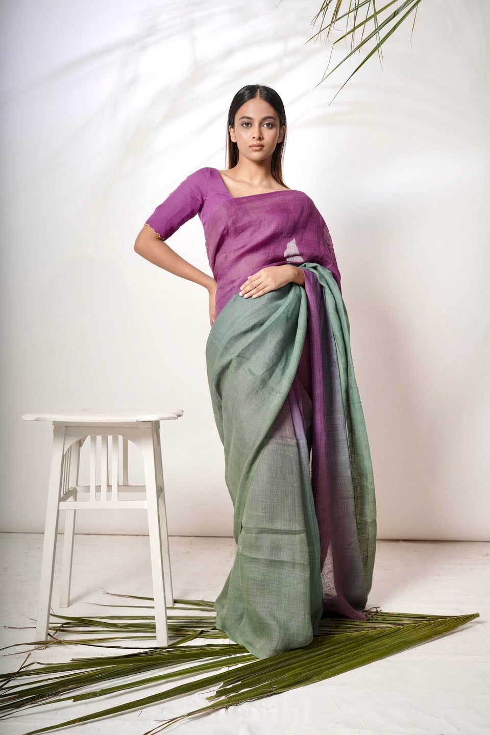 Dual Color Handloom Linen Saree