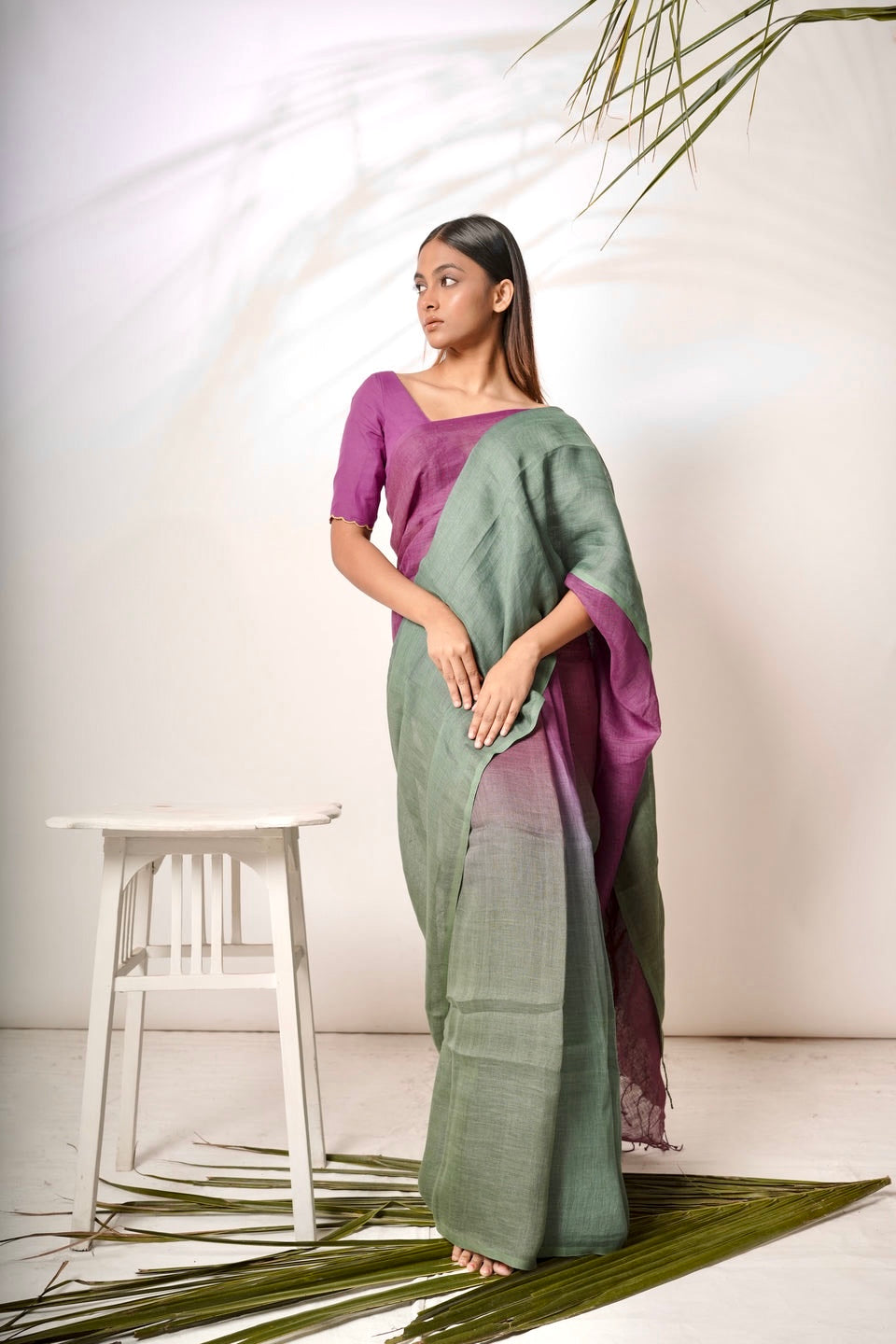 Dual Color Handloom Linen Saree