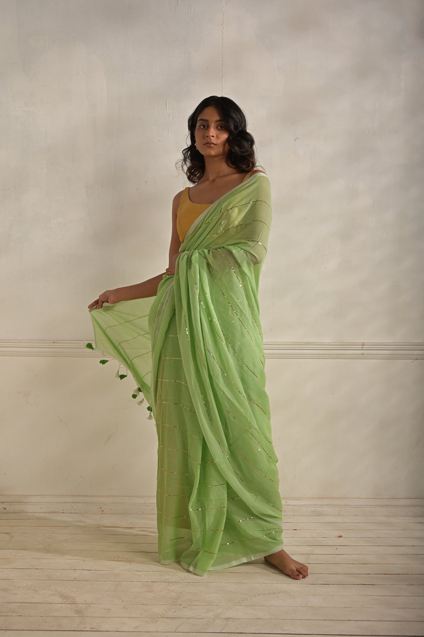 Summer Mul Cotton Saree With Sequined Lines