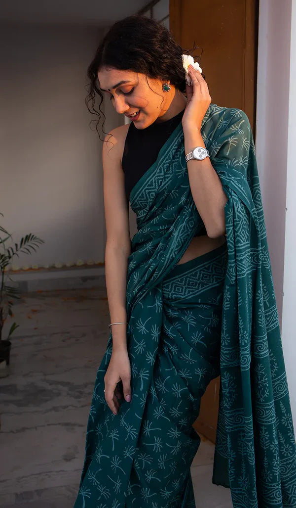 Dandelions in the Sky - Hand Block Print Mulmul Cotton Bagru Saree