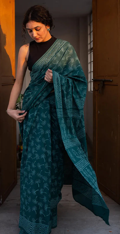 Dandelions in the Sky - Hand Block Print Mulmul Cotton Bagru Saree