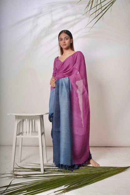 Dual Color Handloom Linen Saree