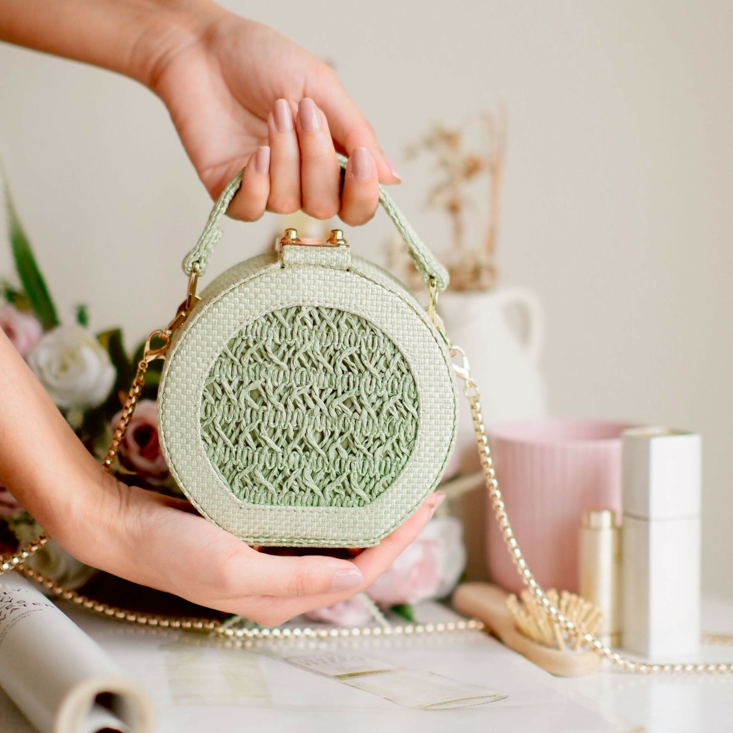 Seafoam Raffia Minaudiere Bag