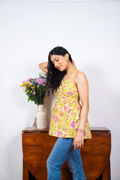 Yellow And Pink Floral Cotton Hand Printed Top