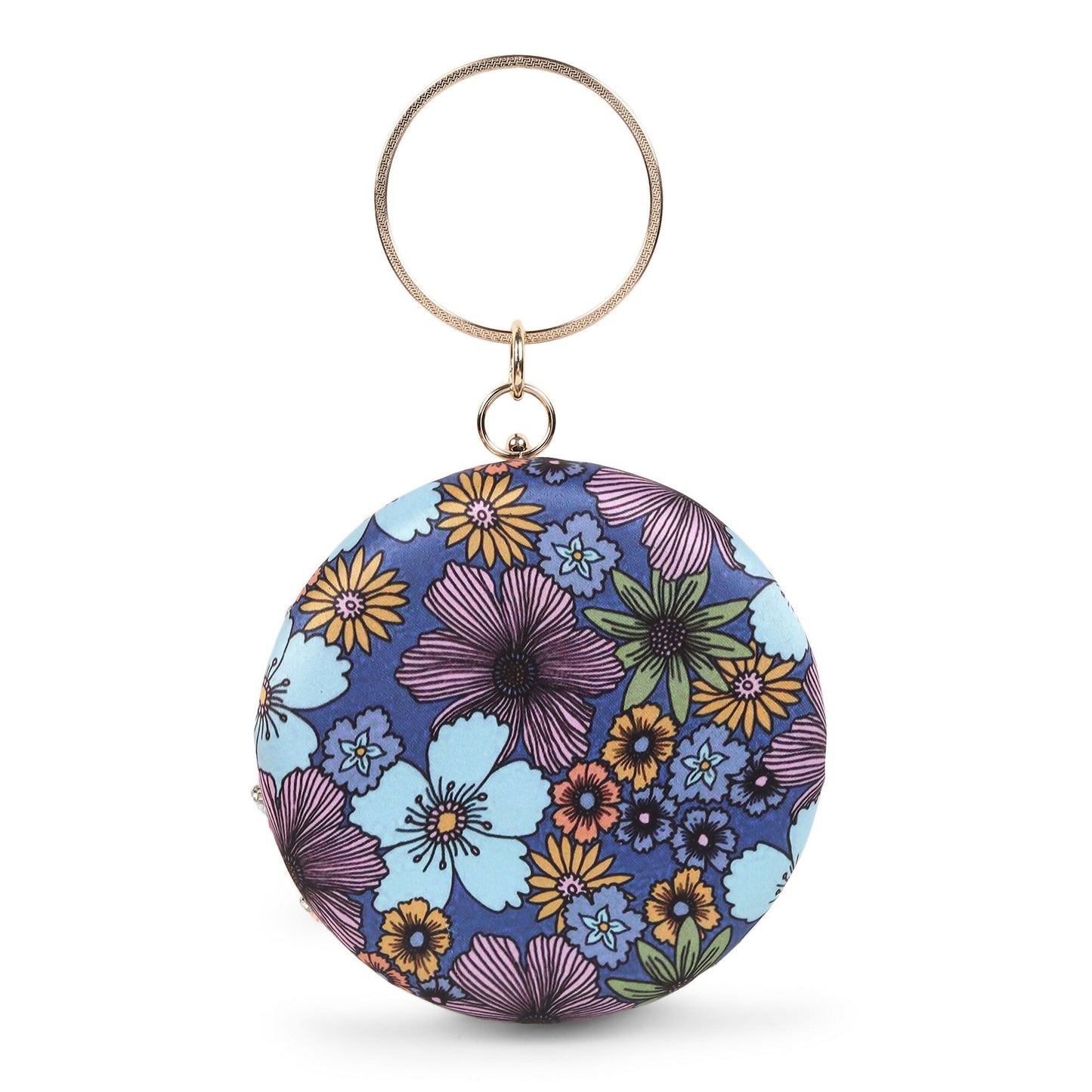 Blue Threadwork Printed Round Clutch