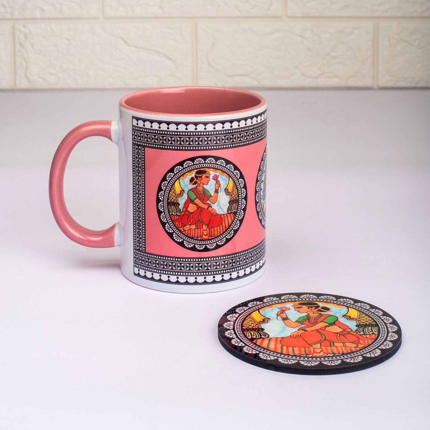 Paripatra Pattachitra Mug with Coaster - Pink