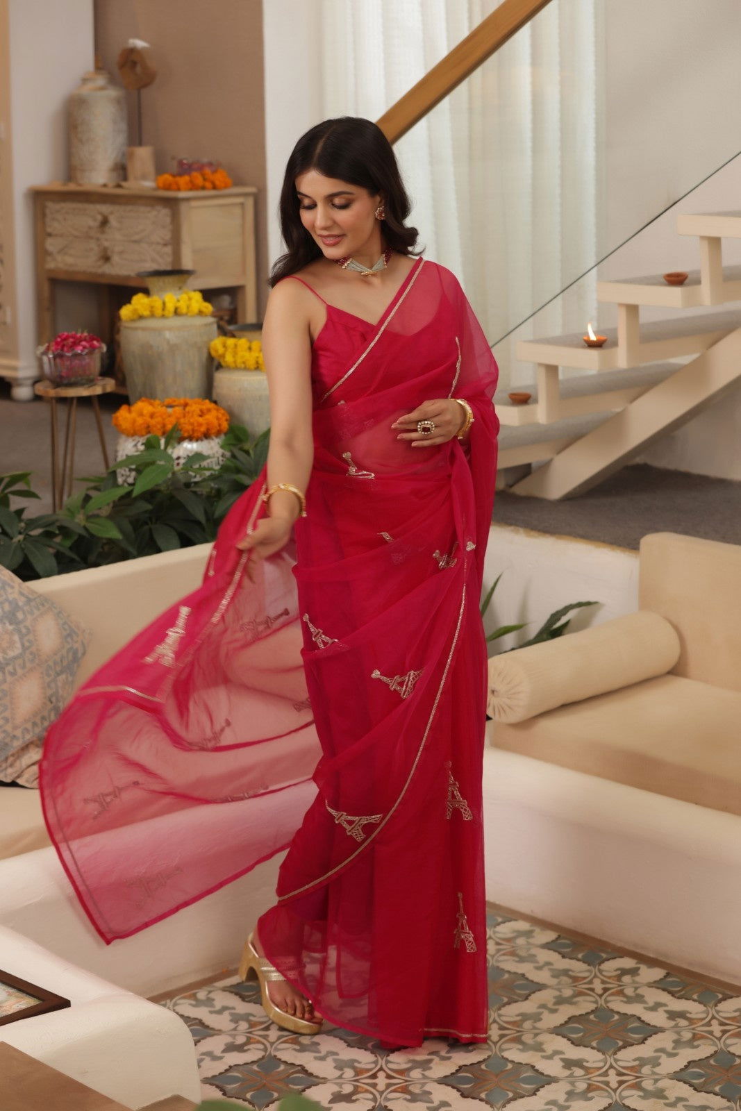 Paris Love Hand-Embroidered Silk Organza Saree
