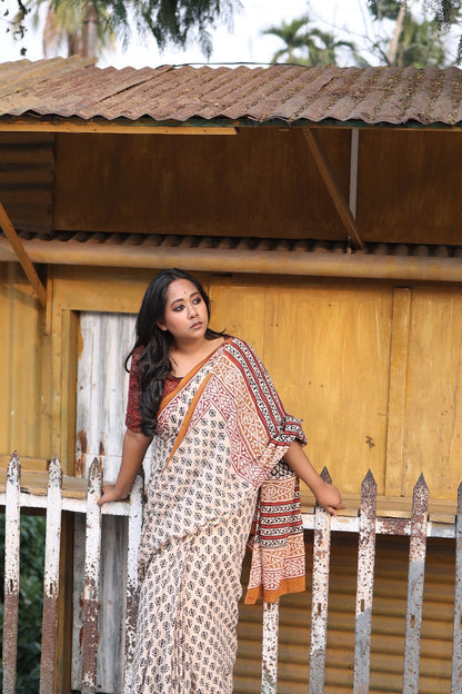 Beige Bagru Saree - Handblock Print Natural Dyed - Mulmul Cotton Saree