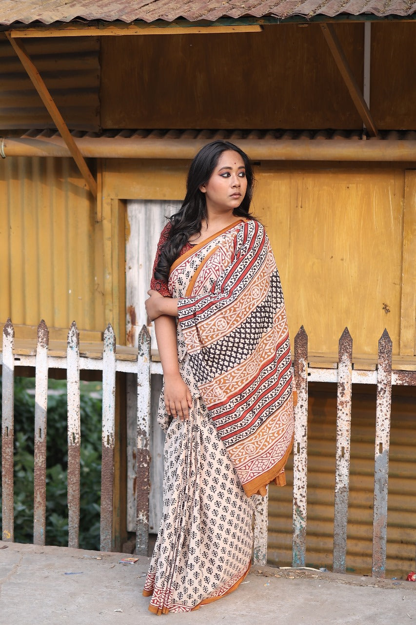 Beige Bagru Saree - Handblock Print Natural Dyed - Mulmul Cotton Saree