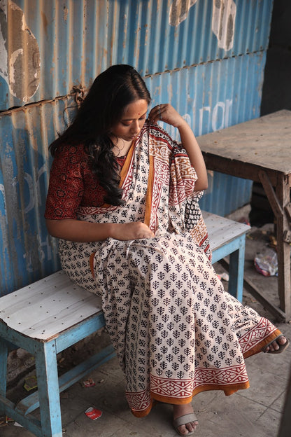 Beige Bagru Saree - Handblock Print Natural Dyed - Mulmul Cotton Saree