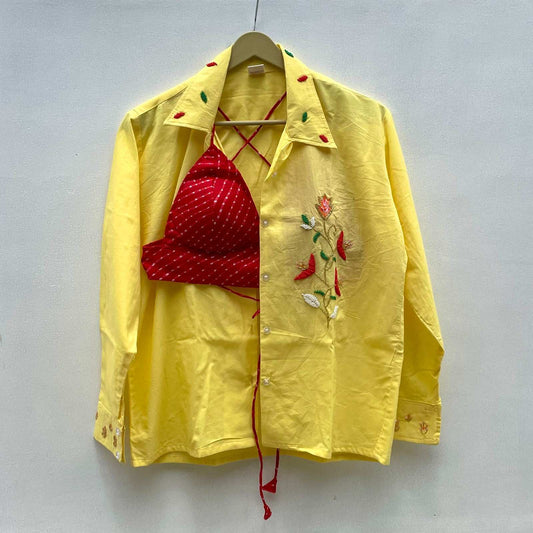 Yellow Embroidered Shirt with Red Lehariya Bralette Combo