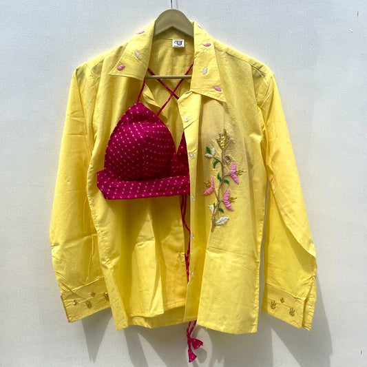 Yellow Embroidered Shirt with Pink Lehariya Bralette Combo