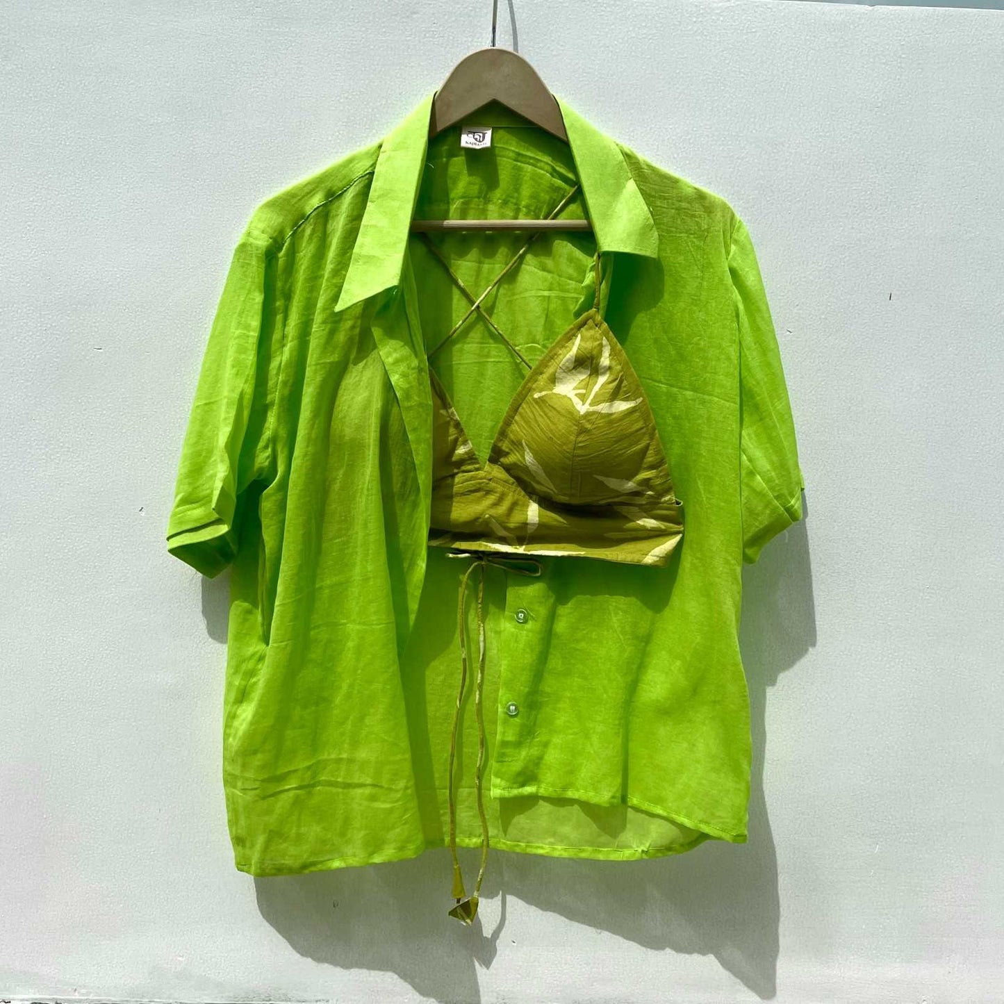 Neon Green Mul Shirt with Handblock Leaf Bralette Combo