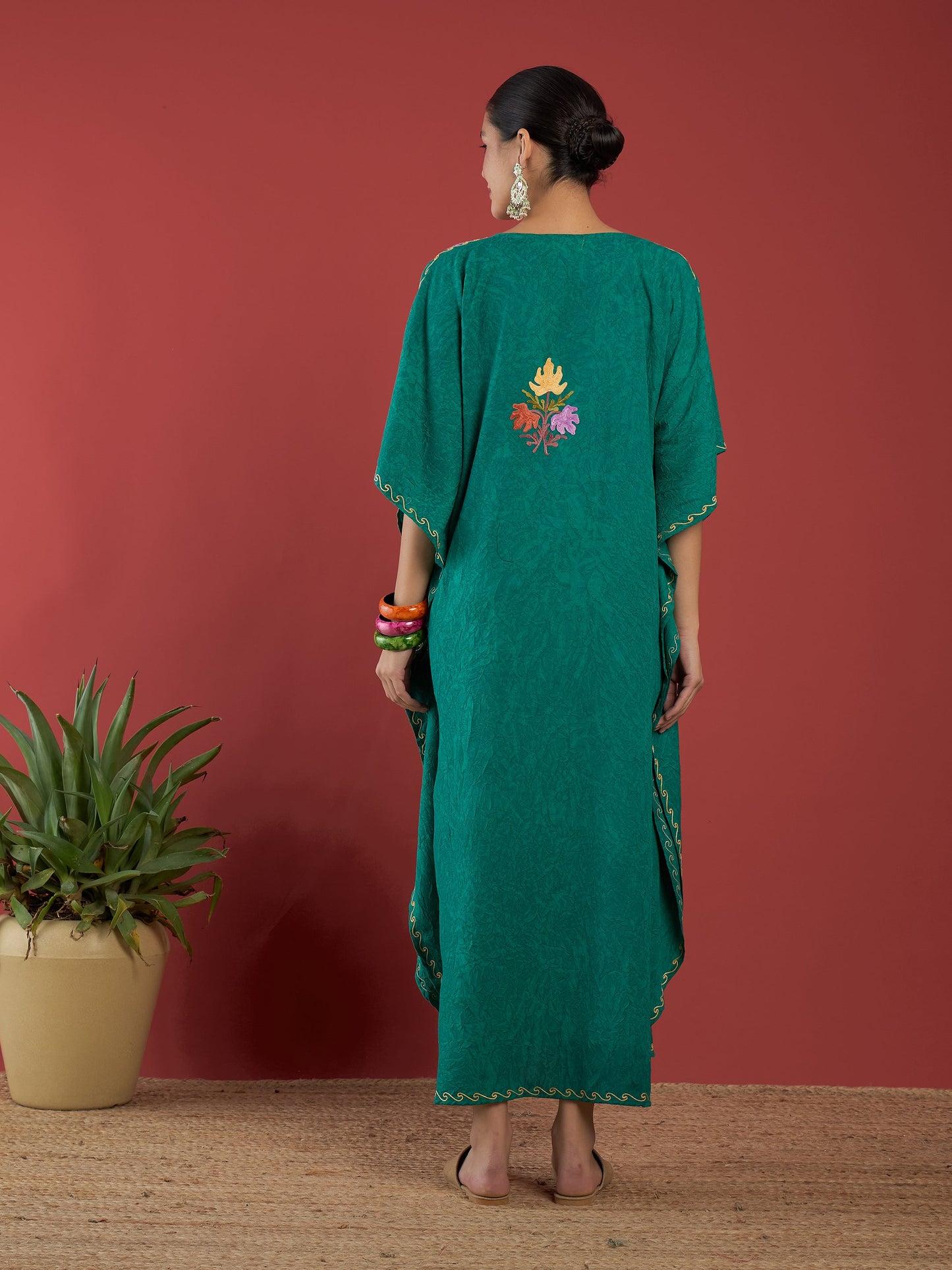 Pine Green Aari Embroidered Kashmiri Kaftan - Long