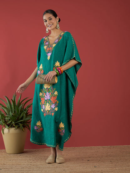 Pine Green Aari Embroidered Kashmiri Kaftan - Long