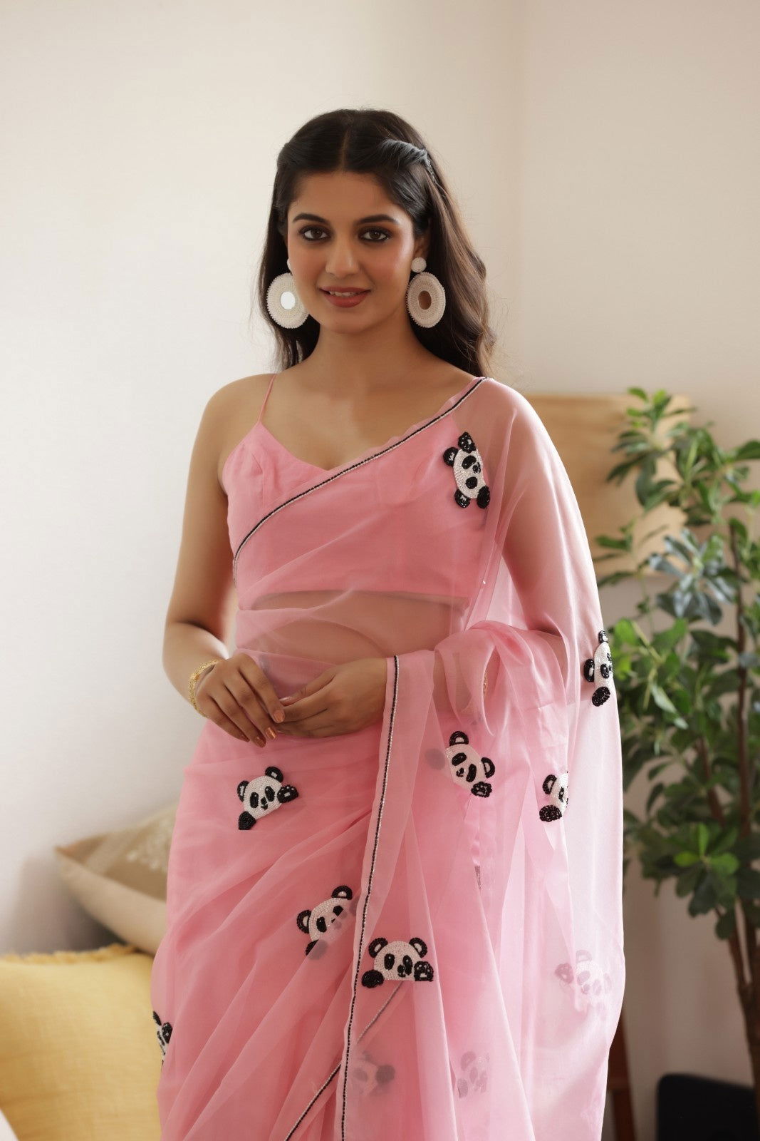 Pink Panda Hand-Embroidered Silk Organza Saree