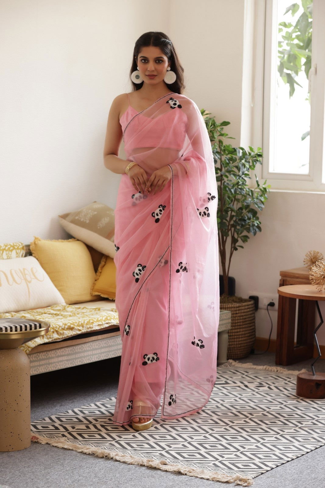 Pink Panda Hand-Embroidered Silk Organza Saree