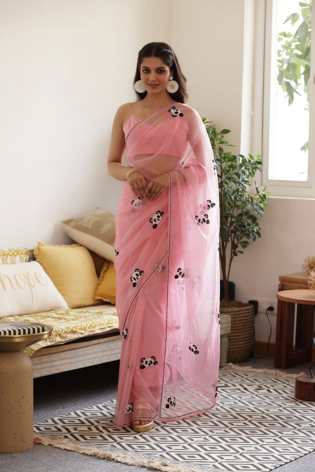 Pink Panda Hand-Embroidered Silk Organza Saree