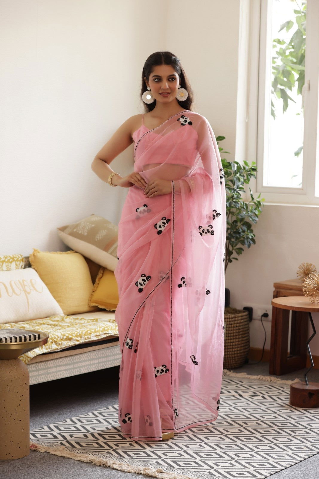 Pink Panda Hand-Embroidered Silk Organza Saree