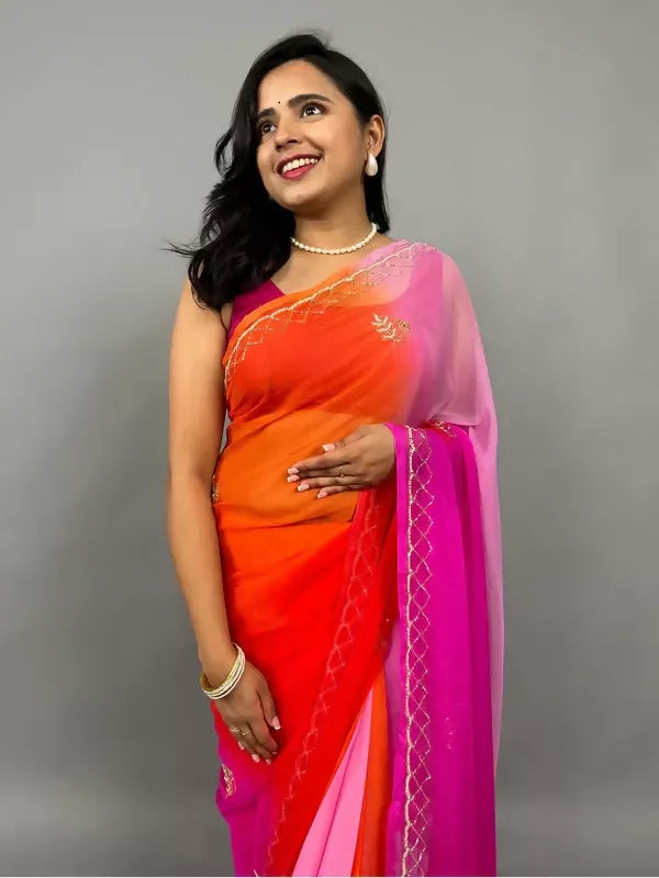 Rani Pink & Orange Ombre Chiffon Saree