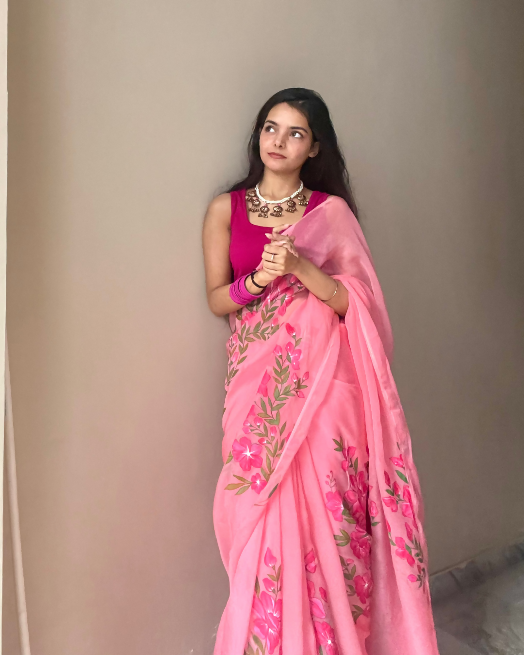 deep pink 'gulbaag' hand-painted saree (3)