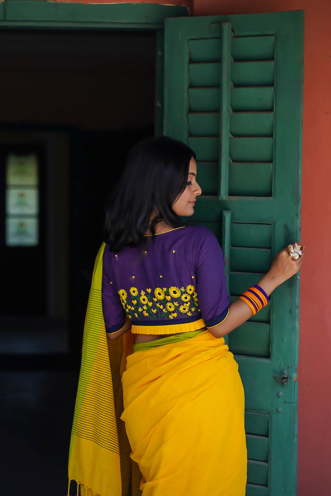 Purple Shower Cotton Glass Sleeves Blouse