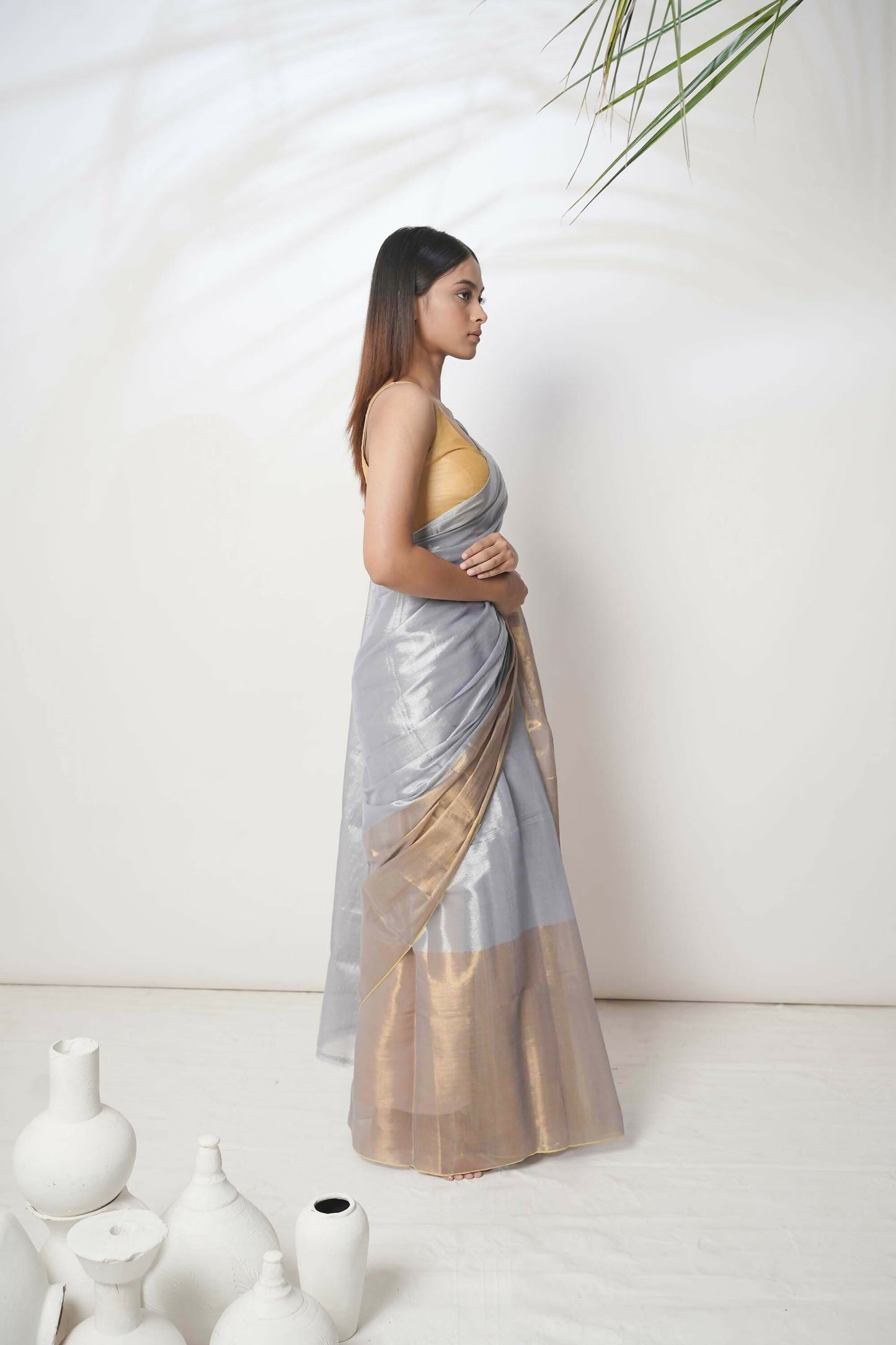 Alankrita | Slate Blue And Gold Handloom Tissue Saree