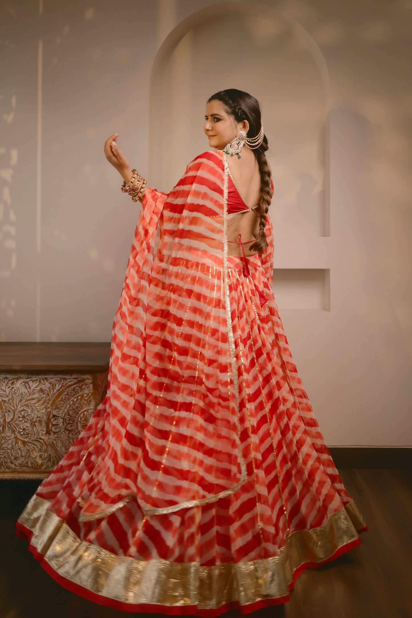 Red Shloka Leheriya Lehenga