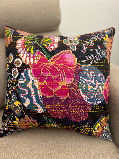 Kantha Cushion Cover Black Pink Flowers (Set of 2)