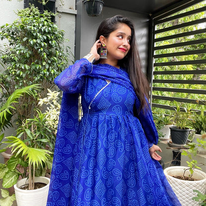 Angrakha Pattern Blue Anarkali Suit Set with Side Slit