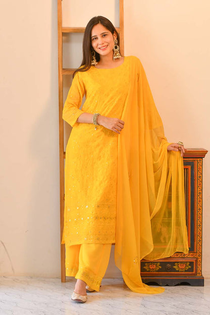 Yellow Georgette Suit Set With Embroidery