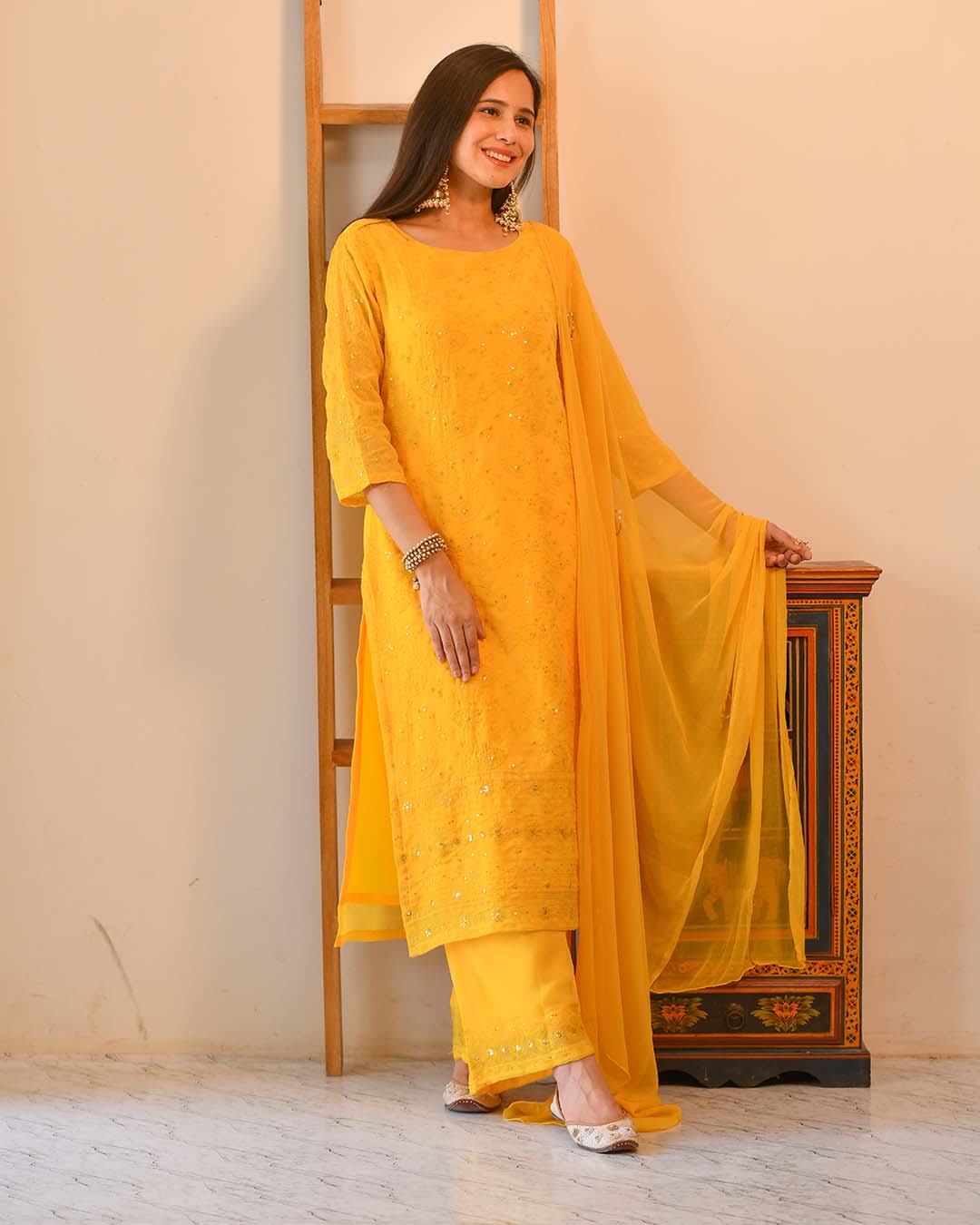 Yellow Georgette Suit Set With Embroidery