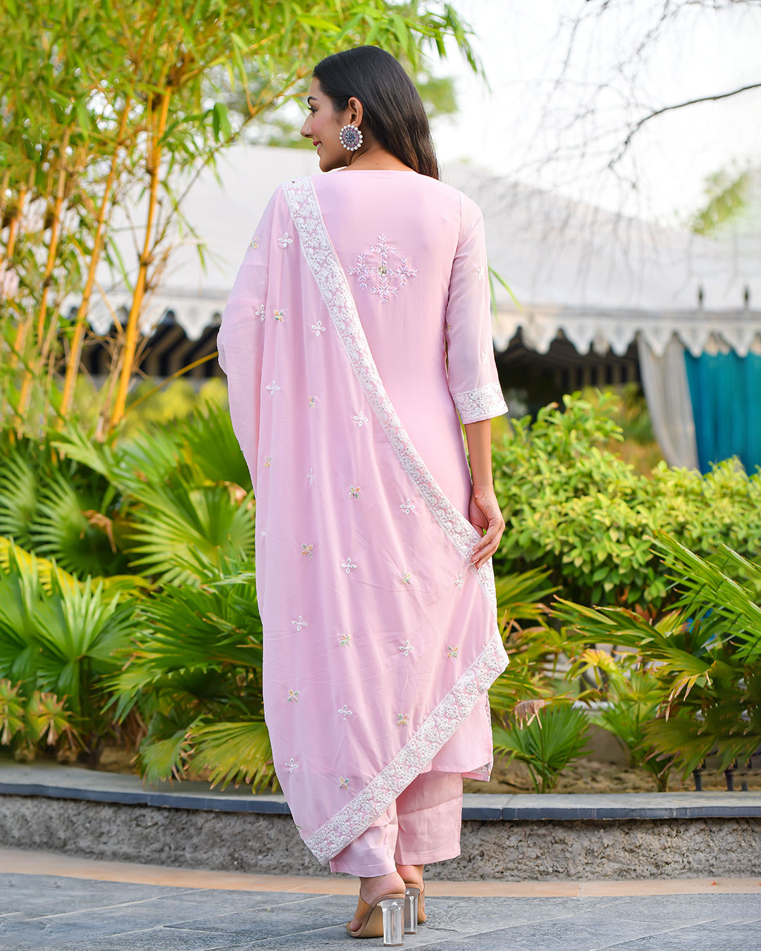 Pink Georgette Suit Set With Embroidery