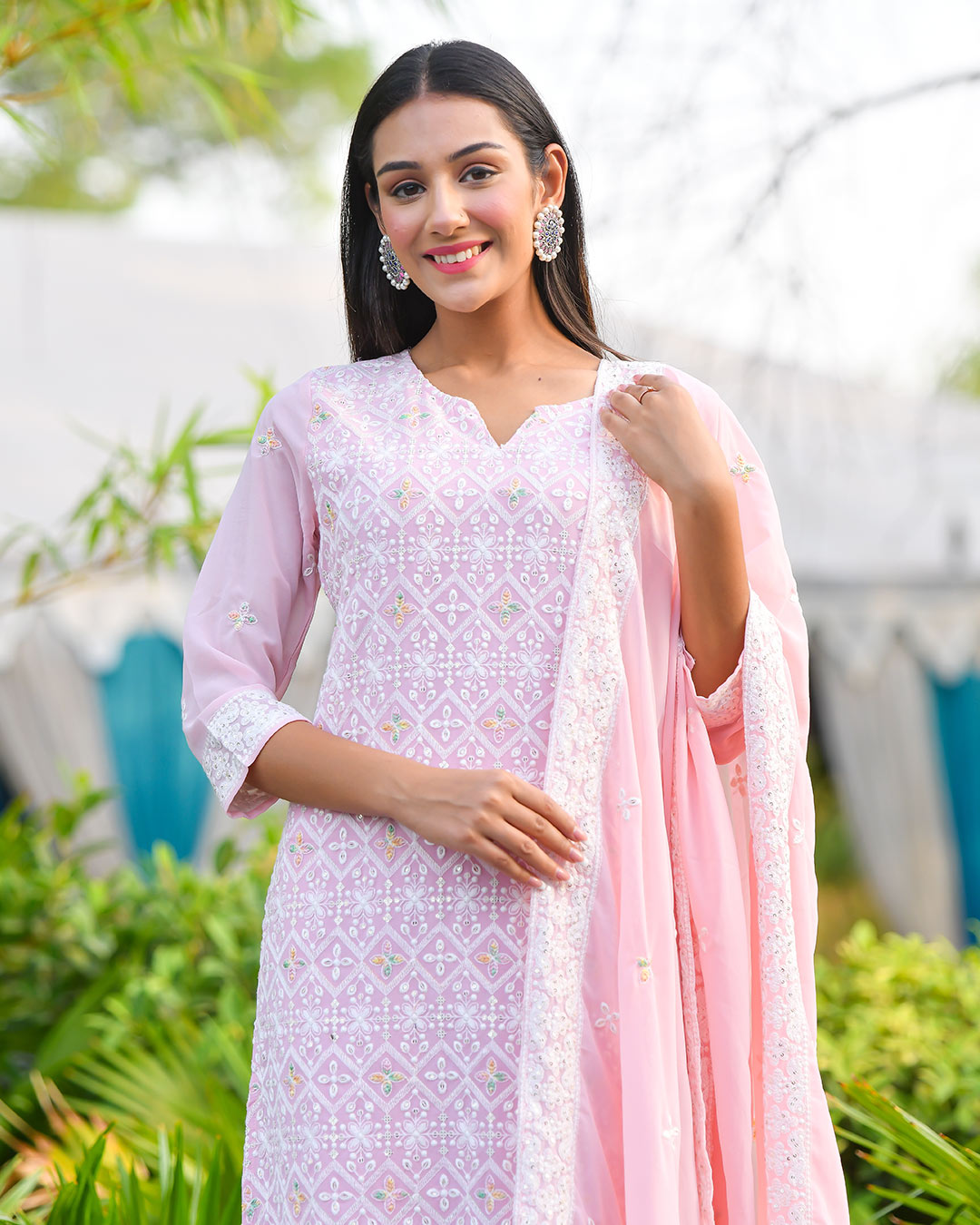 Pink Georgette Suit Set With Embroidery