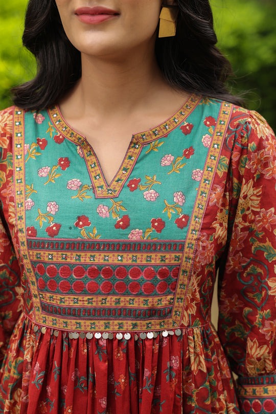 Red Cotton Printed Kurti Dress