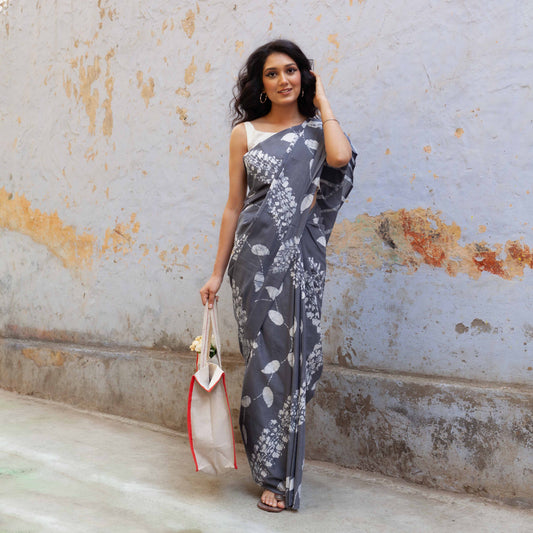 Chandni Grey Hand Block Print Mul Mul Cotton Saree