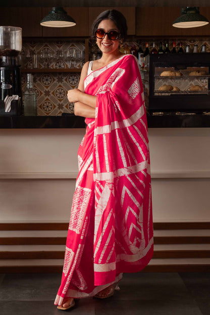Madhubala Hand Block Print Pink Mul Mul Cotton Saree
