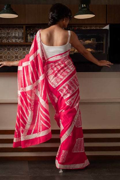 Madhubala Hand Block Print Pink Mul Mul Cotton Saree