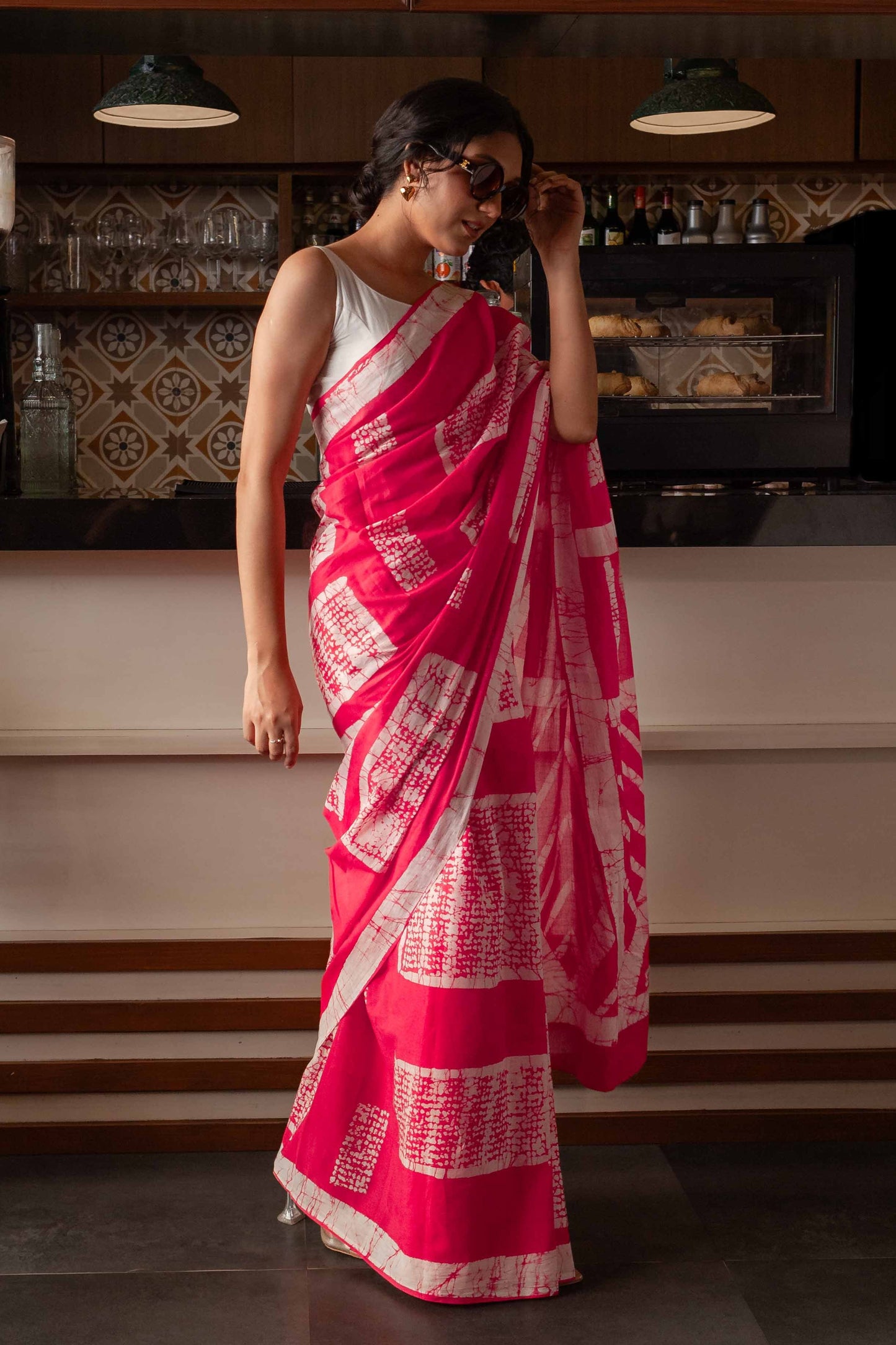 Madhubala Hand Block Print Pink Mul Mul Cotton Saree