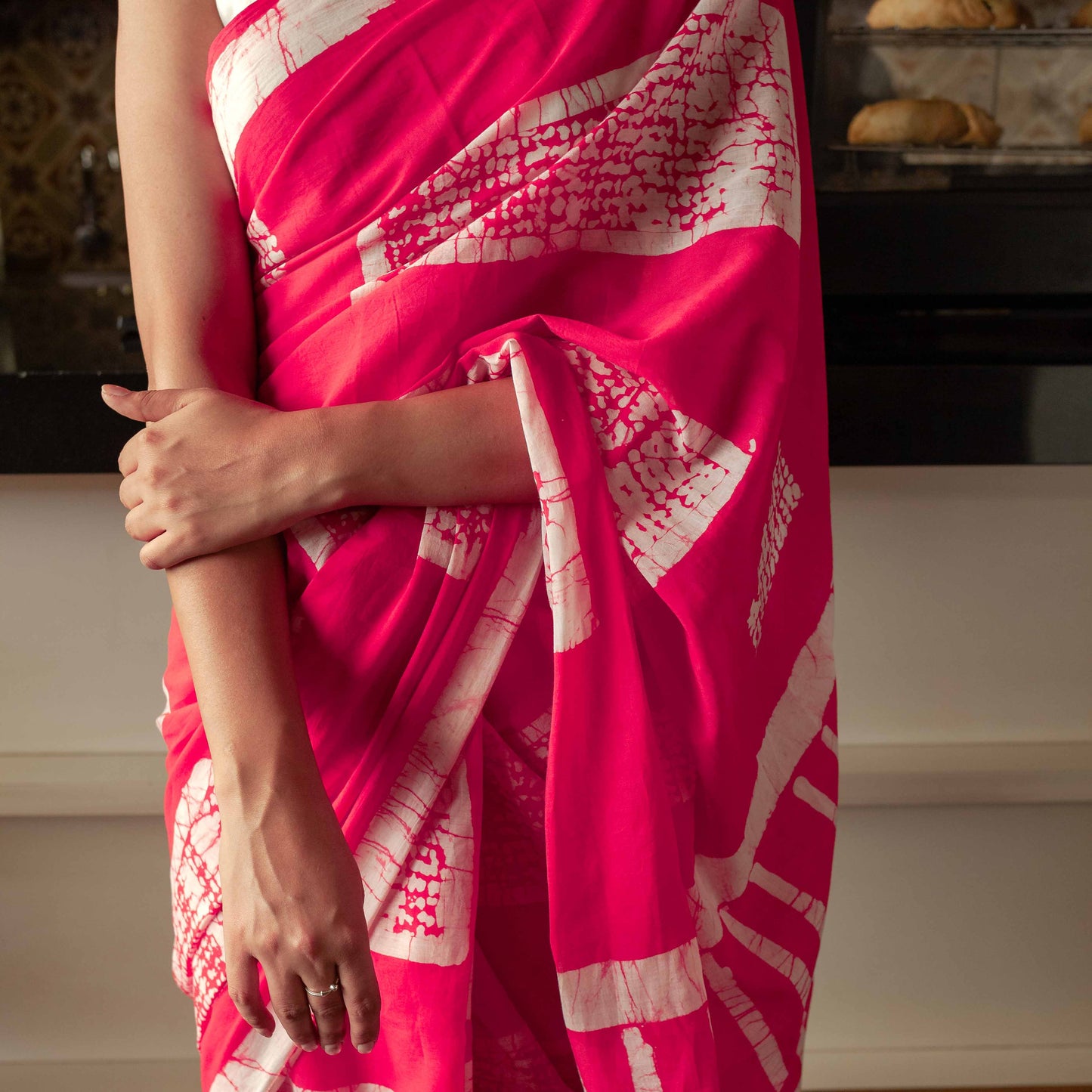 Madhubala Hand Block Print Pink Mul Mul Cotton Saree